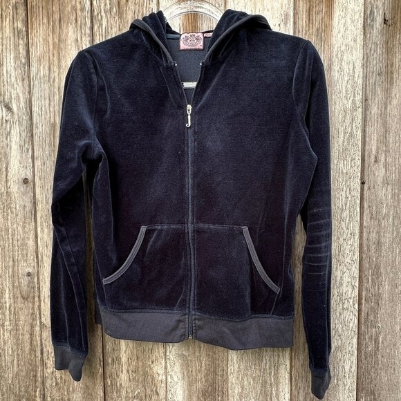 Juicy Couture Tops - Vintage Juicy Couture Midnight Blue Velour Track Hoodie Jacket Medium